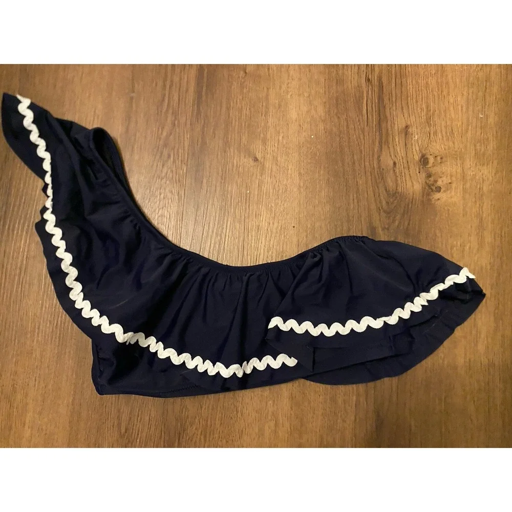 J CREW Navy Blue One‎ Shoulder Ruffle Bikini Top S Ric Rac